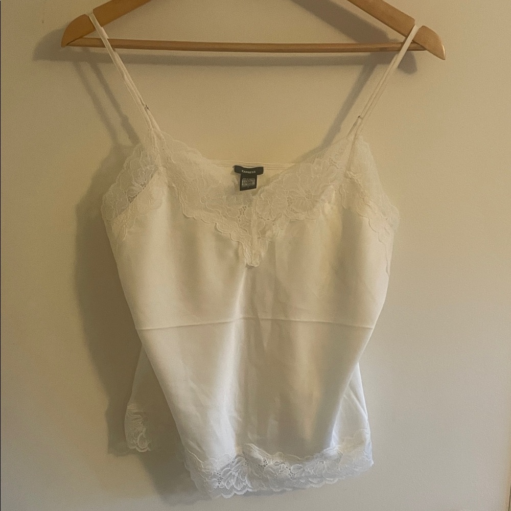 Express Satin Lace Trim V-Neck Downtown Cami - Ivory